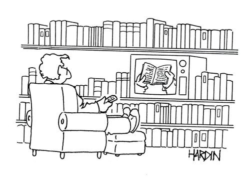 Man watching book being read on television.