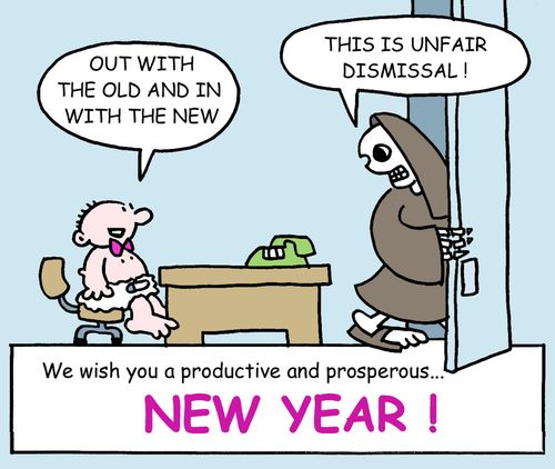New Year - Baby: Out with the old and in with the new.  Skeleton: This is unfair dismissal!