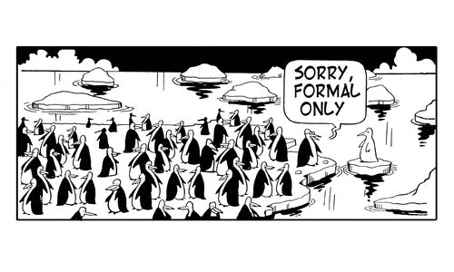 Penguins say to white bird: 'Sorry, formal only.'