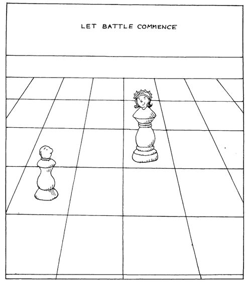 'Let battle commence' Chess board, big female piece, small male piece
