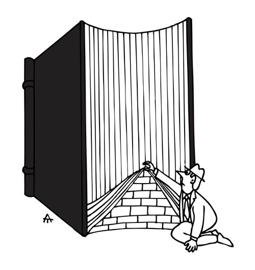 Man lifts up the pages of a book and discovers a brick wall.