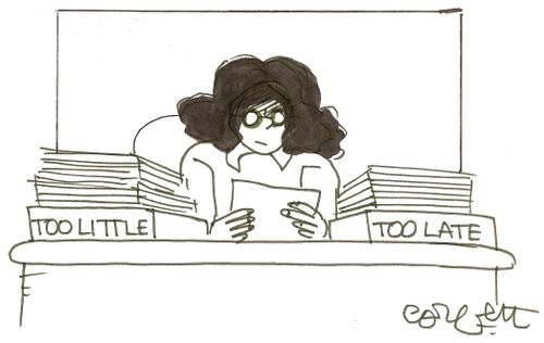 Desk boxes: 'TOO LITTLE...TOO LATE'