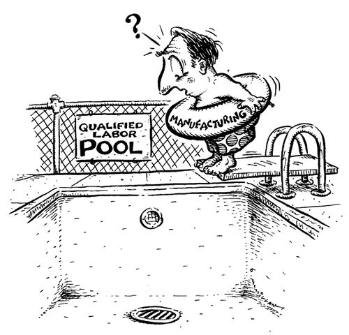 Man wearing a 'Manufacturing' float ring hesitates beside empty 'Qualified Labor pool'