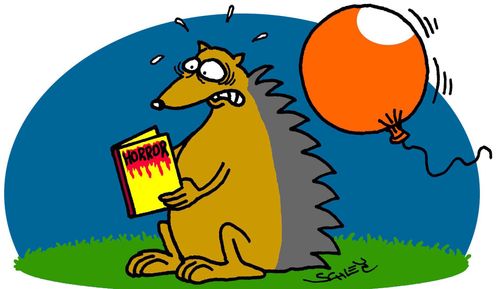 Hedgehog reading a horror book is about to get a scare from a popping balloon.