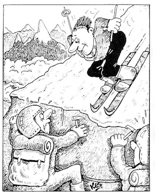 Downhill skier collides with mountain climbers.