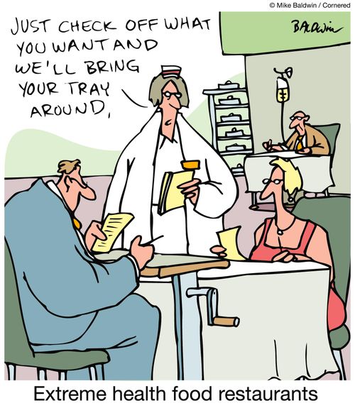 Extreme health food restaurants: "Just check off what you want and we'll bring your tray around." 