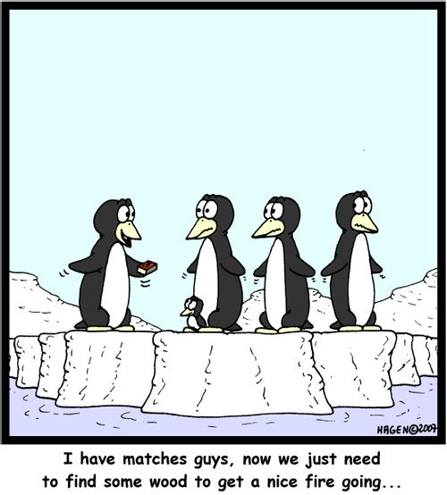'I have matches guys, now we just need to find some wood to get a nice fire going...'