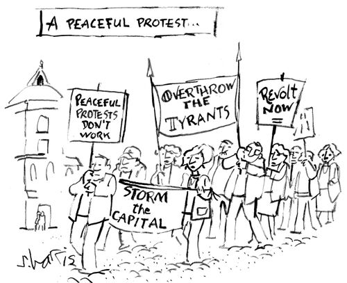 A peaceful protest: 'Peaceful protests don't work'....'Revolt now'.
