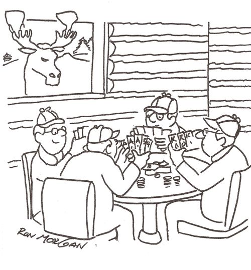 Hunters play poker while a moose watches.