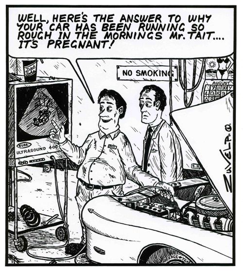 'Well,here's the answer to why your car has been running so rough in the mornings Mr.Tait...It's pregnant!'