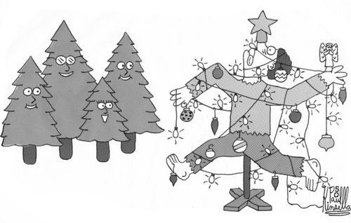 Christmas trees admiring decorated dead human body.