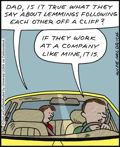 'Dad, is it true what they say about lemmings following each other off a cliff?' 'If they work at a company like mine, it is.'