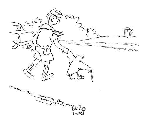 Boy scout helping a bird with a walking stick cross the road.