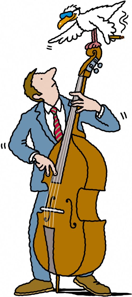Jazz musician playing double bass. A cool seagull wearing sunglasses stands atop the instrument.