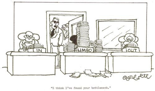 Three work boxes: 'IN...LIMBO...OUT':  'I think I've found your bottleneck.'