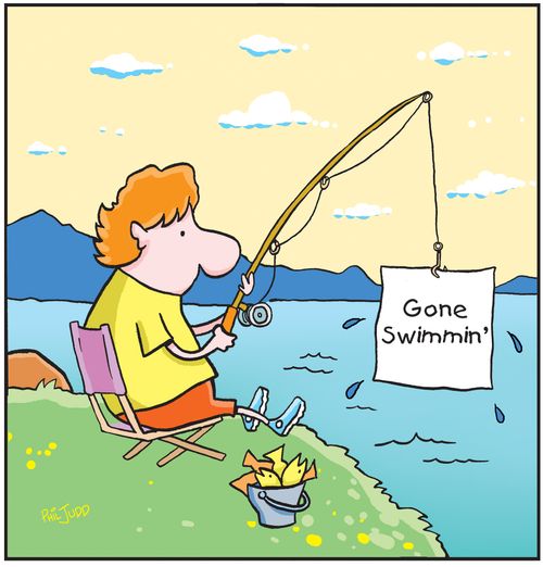 Man Fishing: Pulling sign attached to hook from fish out of water: Gone Swimmin'