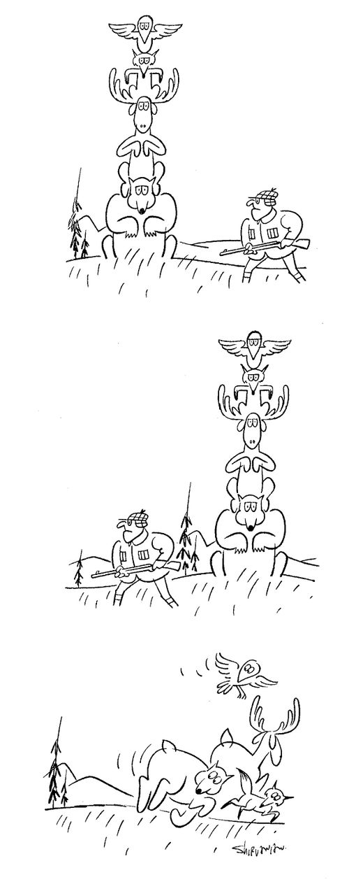 Man hunting animals, who are disguised as a totem pole.