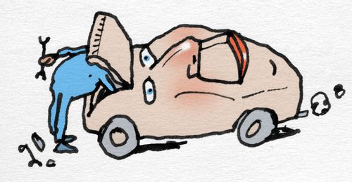Mechanic tinkering with engine of a car made of a human head