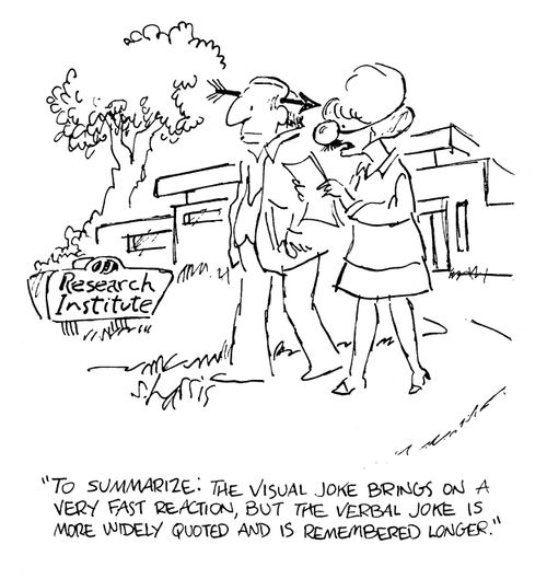 'To summarize: The visual joke brings on a very fast reaction but the verbal joke is more widely quoted and is remembered longer.'