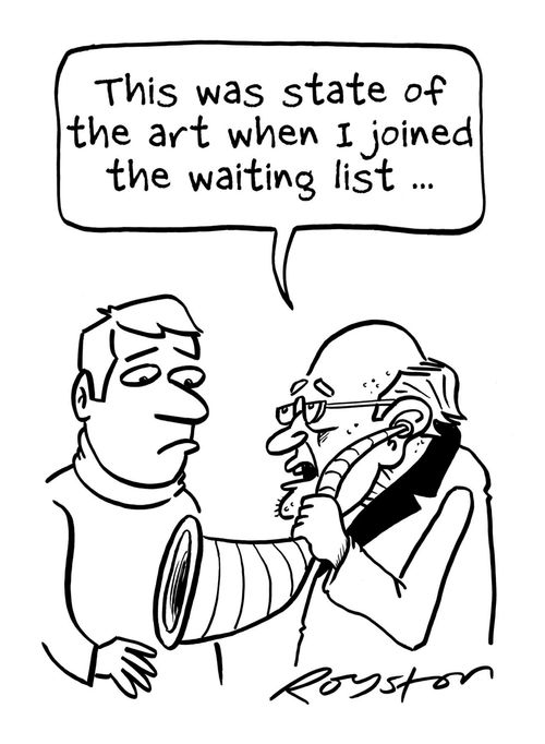 Old man with archaic ear horn says: 'This was state of the art when I joined the waiting list ...'