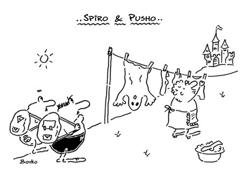 A woman hangs a ghost on the washing line.
