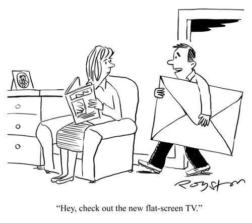 Man enters room with giant envelope, saying: 'Hey, check out the new flat-screen TV.'