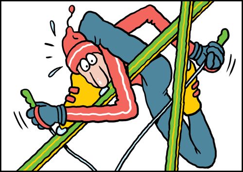 A skier tied in knots.