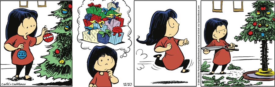 Gracie cuts the bottom branches off the Christmas tree to make room for presents.