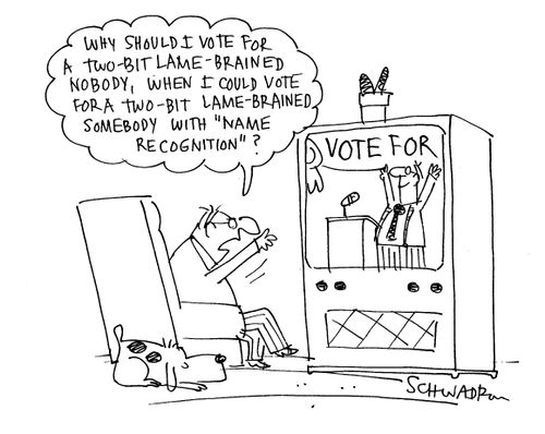 'Why should I vote for a two-bit lame-brained nobody, when i could vote for a two-bit lamb-brained somebody with 'name recognition'?'