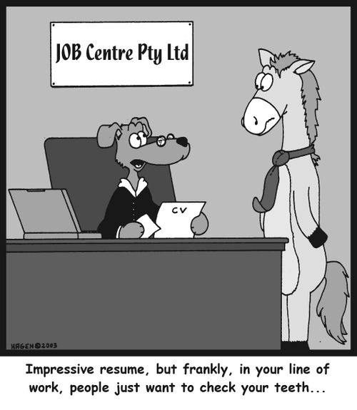 'Impressive resume, but frankly, in your line of work, people just want to check your teeth...'