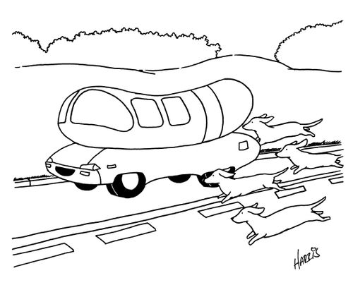 Dachshunds chasing Weinermobile.