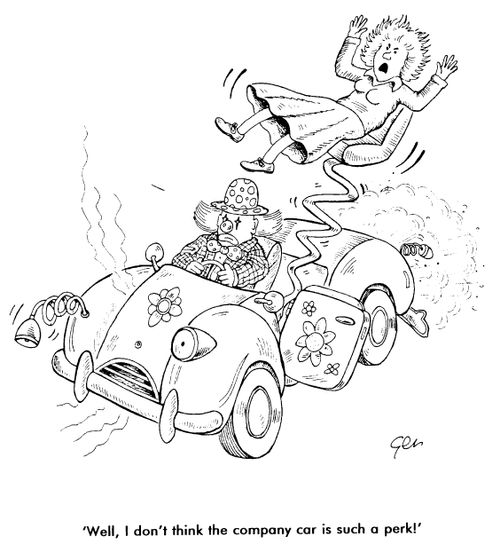 Clown in clown car, "Well I don't think the company car is such a perk"