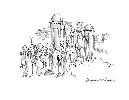 A host of angels smoke near the gates of heaven.