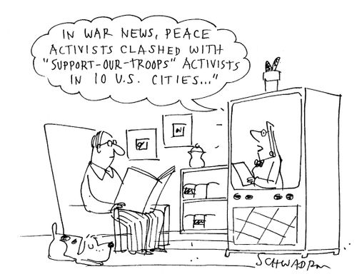 'In war news, peace activists clashed with 'support-our-troops' activists in 10 U.S. cities...'