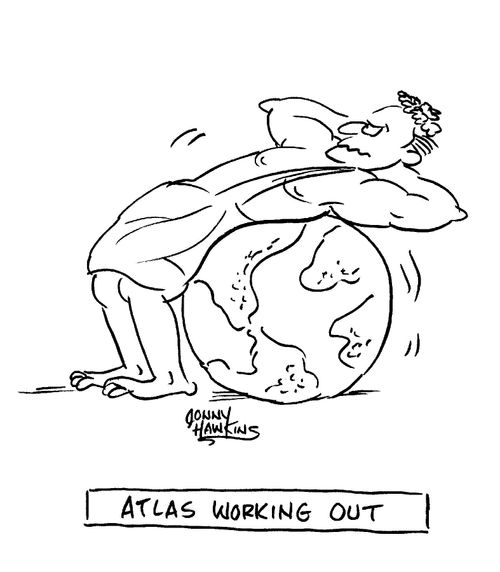 Atlas working out with the earth as his exercise ball.