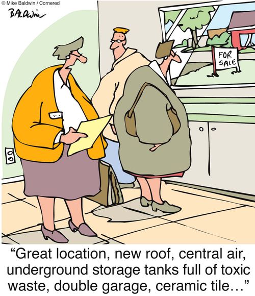 "Great location, new roof, central air, underground storage tanks full of toxic waste, double garage, ceramic tile?"