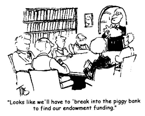 'Looks like we'll have to break into the piggy bank to find our endowment funding.'