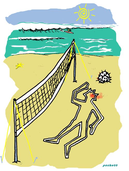 A volleyball player has suffered from a 'spiked' ball . . .only the chalk outline remains,