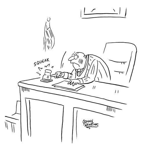 Judge banging down gavel on mouse by mistake.
