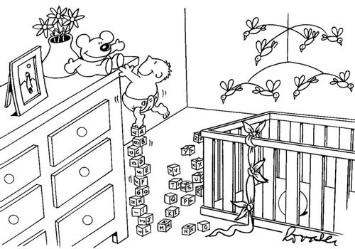 Child climbs up alphabet bricks to reach his teddy bear.