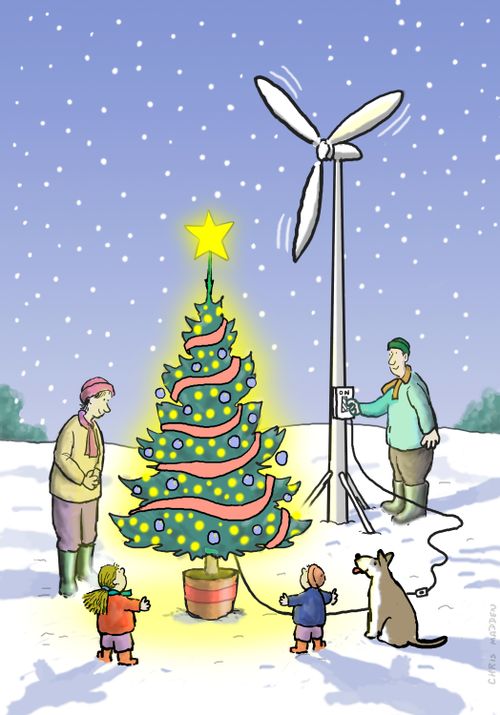 A wind turbine generating the electricity for a Christmas tree's lights.
