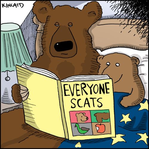 Bears reading a bed time book 'Everyone Scats.'