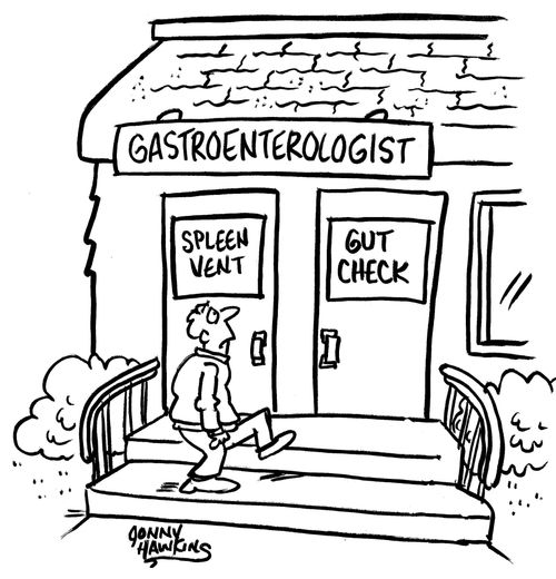 Man enters Gastroenterologist's and has two doors: "Spleen Vent" and "Gut Check"
