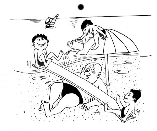 Children use their dad as a seesaw base. 