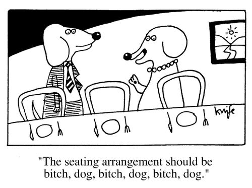 "The seating arrangements should be bitch,dog,bitch,dog,bitch,dog"