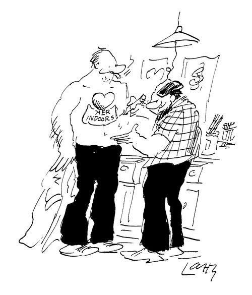 Man getting a 'Her indoors' tattoo
