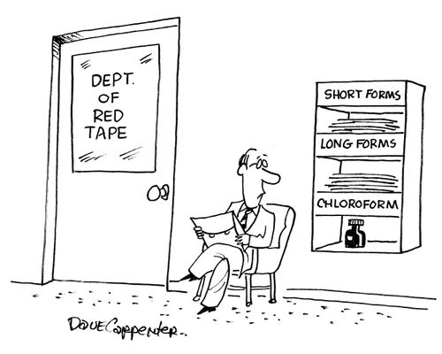 Outside the Department of red tape, there are three files containing short forms, long forms and chloroform.