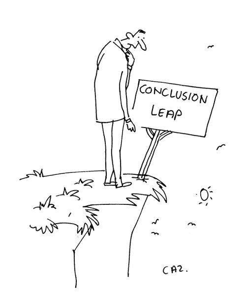 Man stands at 'Conclusion Leap'.