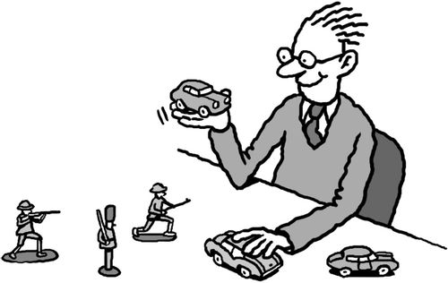 Man playing with toy cars and toy soldiers.
