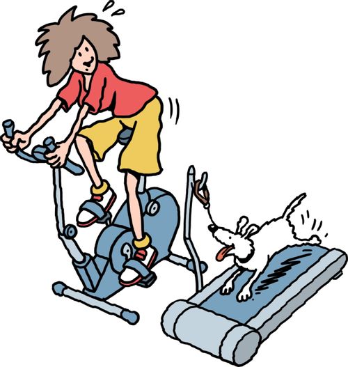 Woman on exercise bike running her dog on treadmill